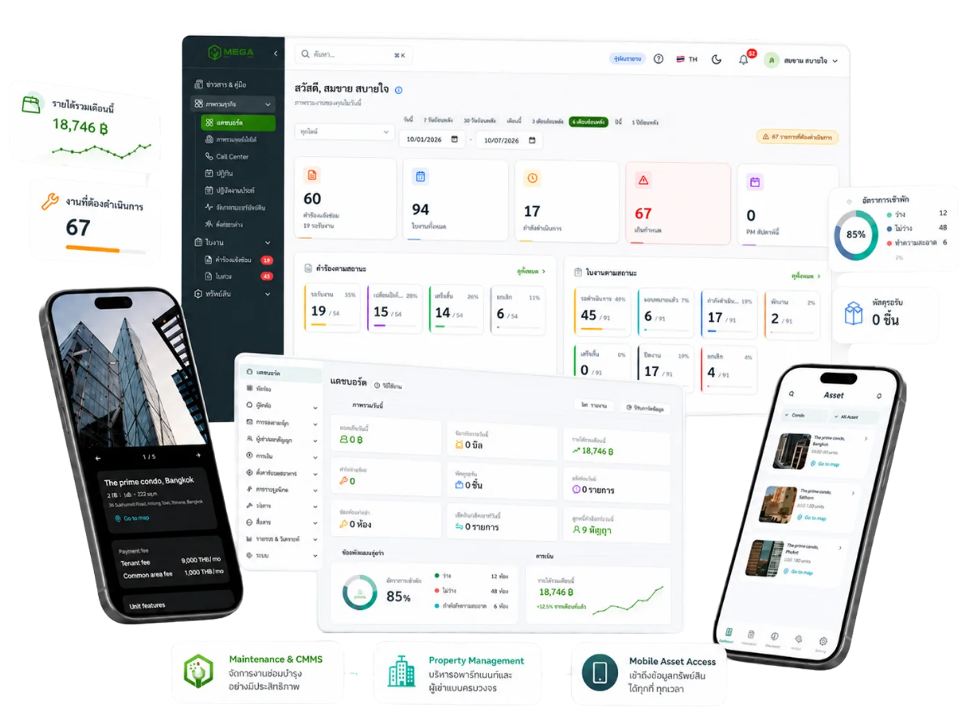 ตัวอย่างหน้าจอแดชบอร์ดบริหารทรัพย์และงานซ่อมบำรุงของ Asset Me บนเดสก์ท็อปและมือถือ